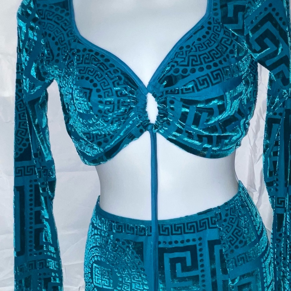 Teal Velvet Geometric Crop Top and Skirt Set